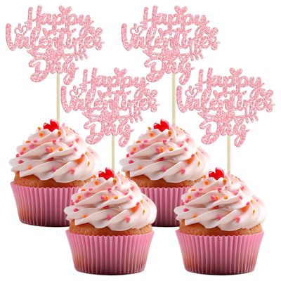 Gyufise 24Pcs Happy Valentine's Day Cupcake Toppers Glitter Sweet Heart Happy Valentines Day Cake Decoration for Wedding Engagement Party Decorations Supplies Pink