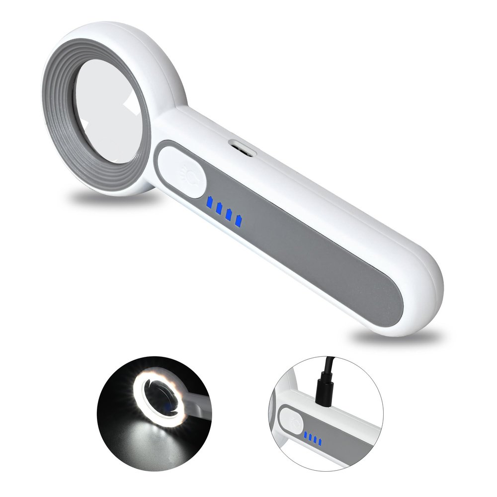 11X Magnifying Glass With Light, Lightweight Rechargeable, 10 LED Power Indicator Handheld for Reading Small Prints, Crafting, Inspecting Coins and Close Work