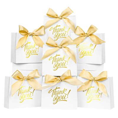 60 Pack Small Thank You Gift Bags, 4.5x1.8x3.9 Inch Mini Gift Bags with Ribbon, Baby Shower Favor Bags, White Thank You Bags, Party Favor Bags for Candy, Wedding, Bridal Showers, Birthday