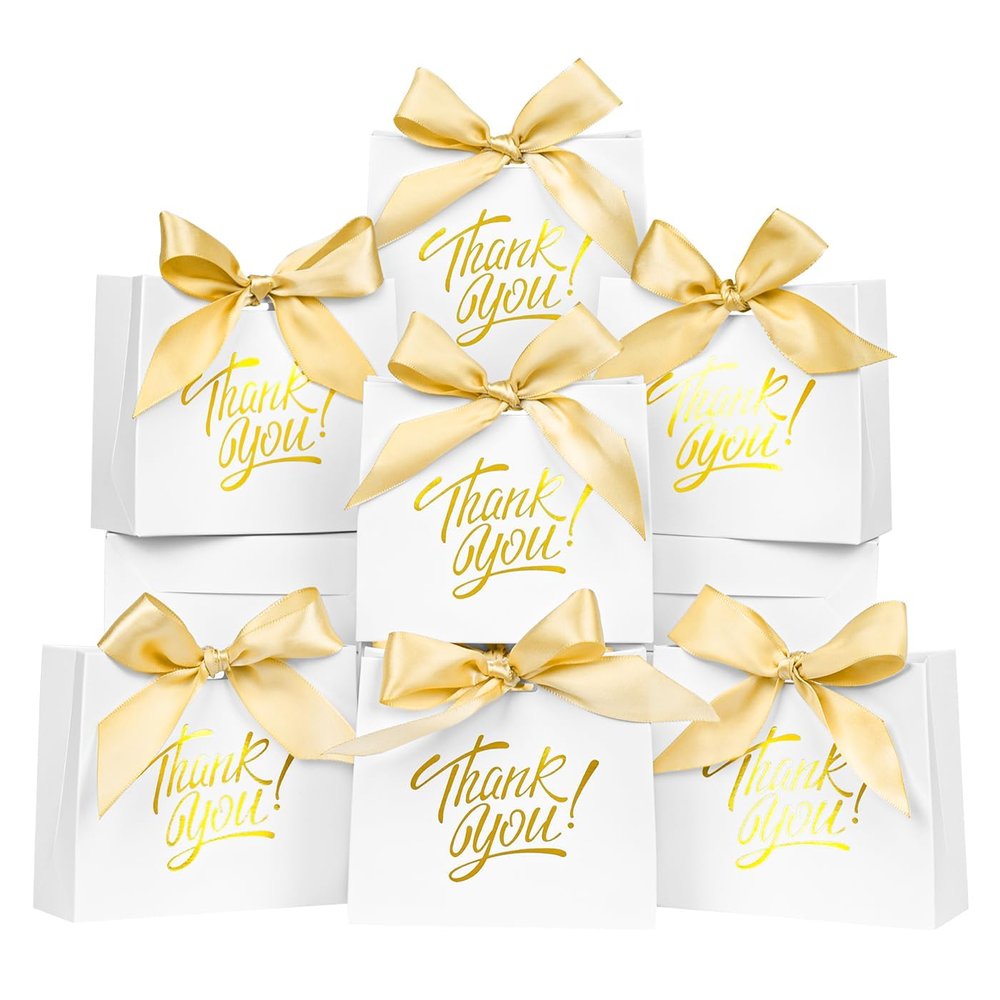 60 Pack Small Thank You Gift Bags, 4.5x1.8x3.9 Inch Mini Gift Bags with Ribbon, Baby Shower Favor Bags, White Thank You Bags, Party Favor Bags for Candy, Wedding, Bridal Showers, Birthday
