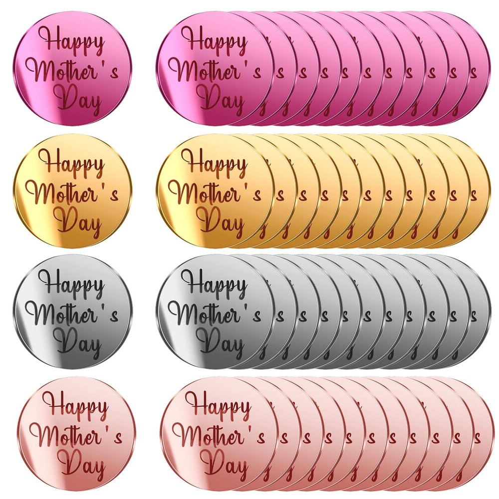Olutacot 48 Pcs Happy Mother's Day Cupcake Topper Mirror Disc Acrylic Cake Topper Charms Happy Mother's Day Round Cake Engraved Topper Charms for Mother's Day Birthday Party Decor