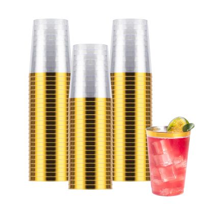 Goodluck 50PCS 10oz Gold Plastic Cups for Party, Disposable Gold Rim Cups, Plastic Cocktail Glasses for Wedding Thanksgiving, Christmas, and Parties