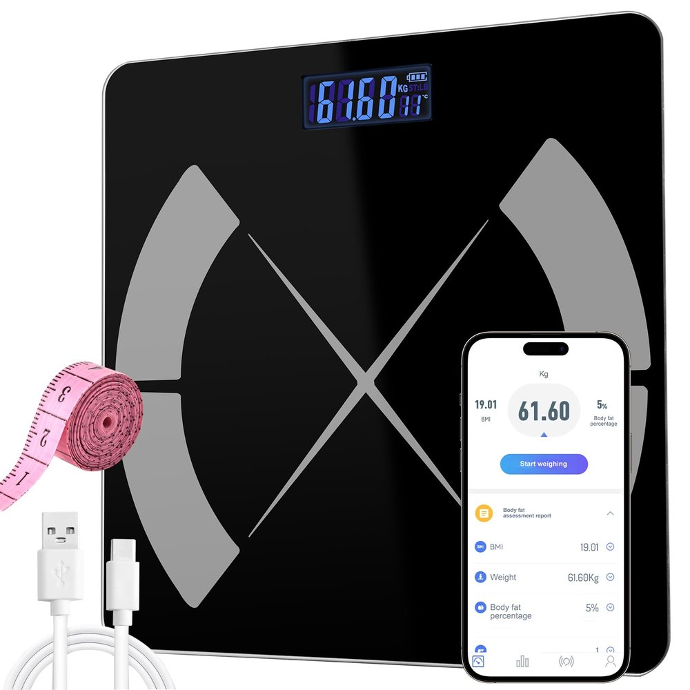 APP Body Fat Scale Intelligent Weight Scale Body Scale Rechargeable Intelligent Weight Scale, Digital Bathroom Scale with Smartphone Application Body Composition Monitoring Health Analyzer (Black)