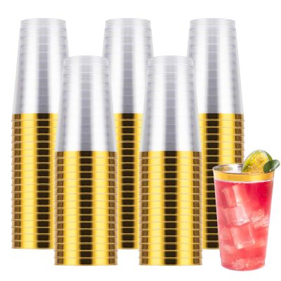 Goodluck 100PCS 14oz Gold Plastic Cups for Party, Disposable Gold Rim Cups, Plastic Cocktail Glasses for Wedding Thanksgiving, Christmas, and Parties