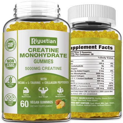Riyuetian Creatine Monohydrate Gummies, Creatine for Men & Women, Chewable Creatine for Enhancing Focus and Endurance, 5g Creatine per Serving, Sugar-Free, 60 Count