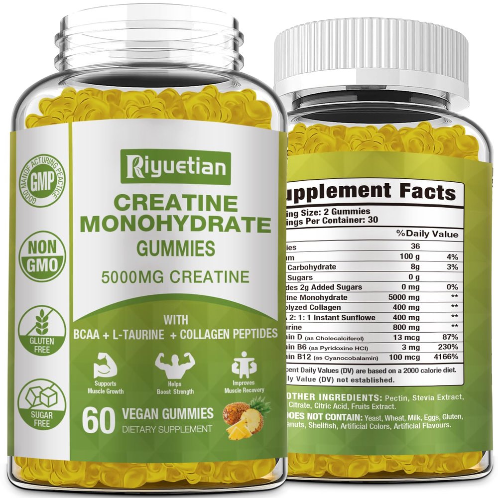Riyuetian Creatine Monohydrate Gummies, Creatine for Men & Women, Chewable Creatine for Enhancing Focus and Endurance, 5g Creatine per Serving, Sugar-Free, 60 Count