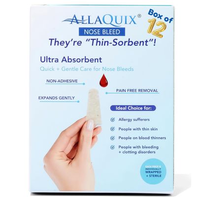 AllaQuix Nose Bleed Stopper  Hemostatic Gauze Plugs Made with Calcium Alginate (Box of 12)  Fast Relief for Nosebleeds | Highly Absorbent, Soft, Sterile, Safe for Blood Thinners