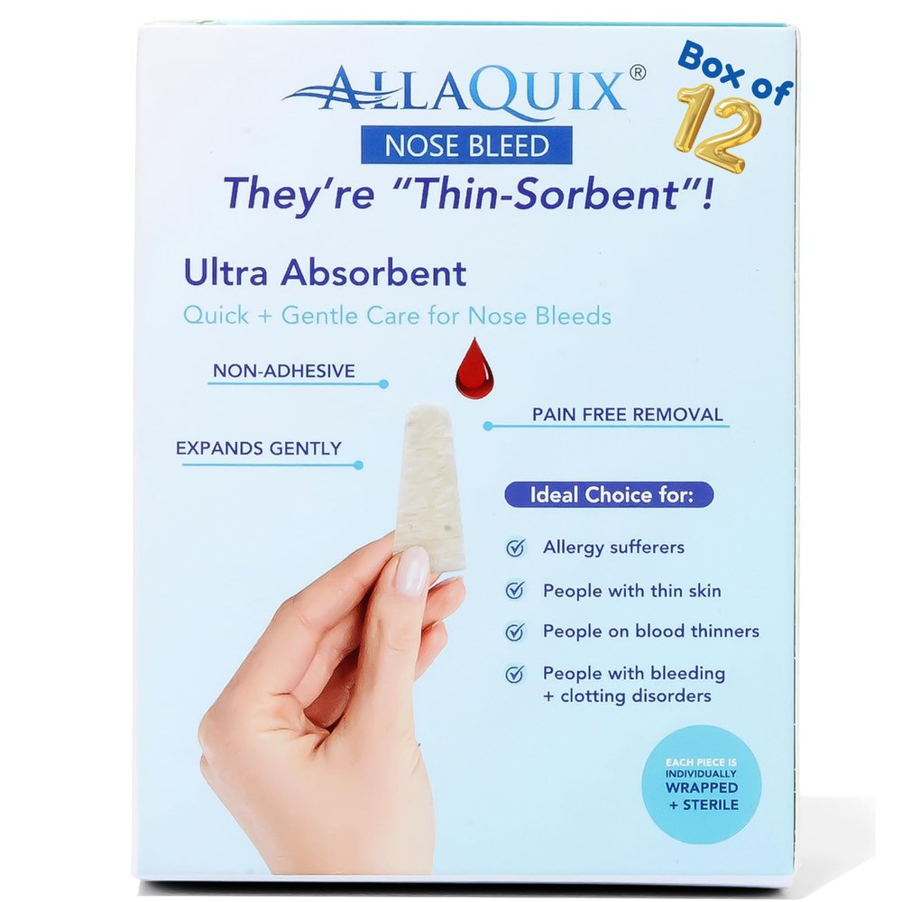 AllaQuix Nose Bleed Stopper  Hemostatic Gauze Plugs Made with Calcium Alginate (Box of 12)  Fast Relief for Nosebleeds | Highly Absorbent, Soft, Sterile, Safe for Blood Thinners
