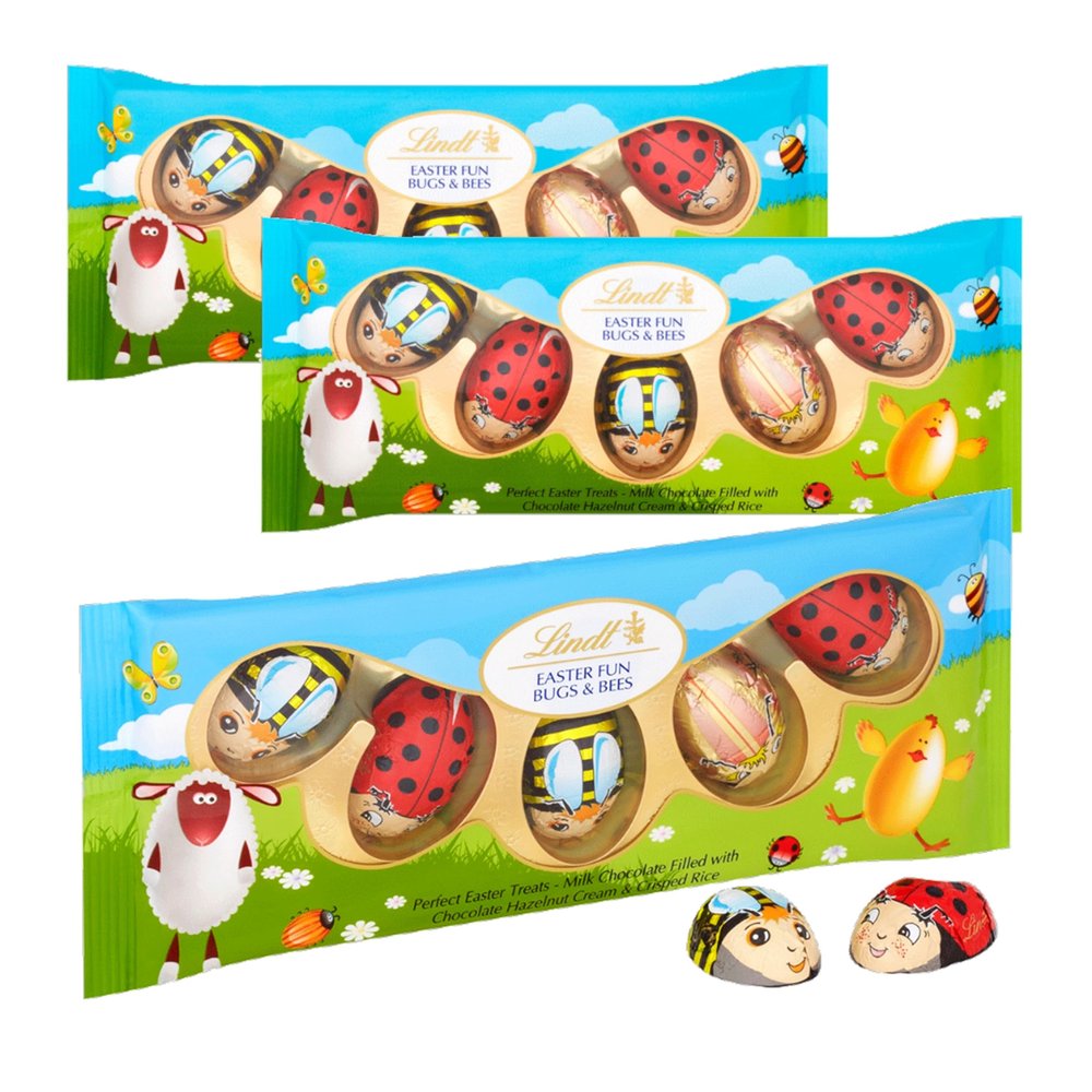 Lindt Easter Chocolate Bulk Buy - Pack of 3 x 50g Milk Chocolate Bugs & Bees Filled with Hazelnut Cream and Crispy Rise Chocolate Bulk for Easter Gifts, Easter Egg Hunt, Party Bag Fillers or Hampers.