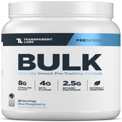Transparent Labs Bulk Pre Workout Powder - Naturally Sweetened Advanced Pre-Workout Formula for Muscle Building and Strength - 30 Servings, Blue Raspberry