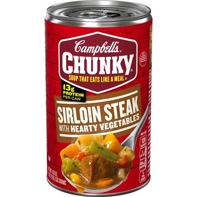 Campbells Chunky Soup, Ready to Serve Sirloin Steak with Hearty Vegetables Soup, 18.8 oz Can (Pack of 8)