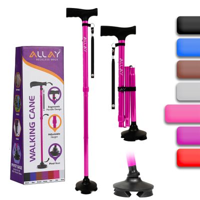 Allay Walking Cane for Men & Women - Foldable, Adjustable, Collapsible Walking Canes for Seniors Balance, Free Standing, Pivot Tip, Heavy Duty, with Travel Bag | Walking Sticks for Seniors - Pink