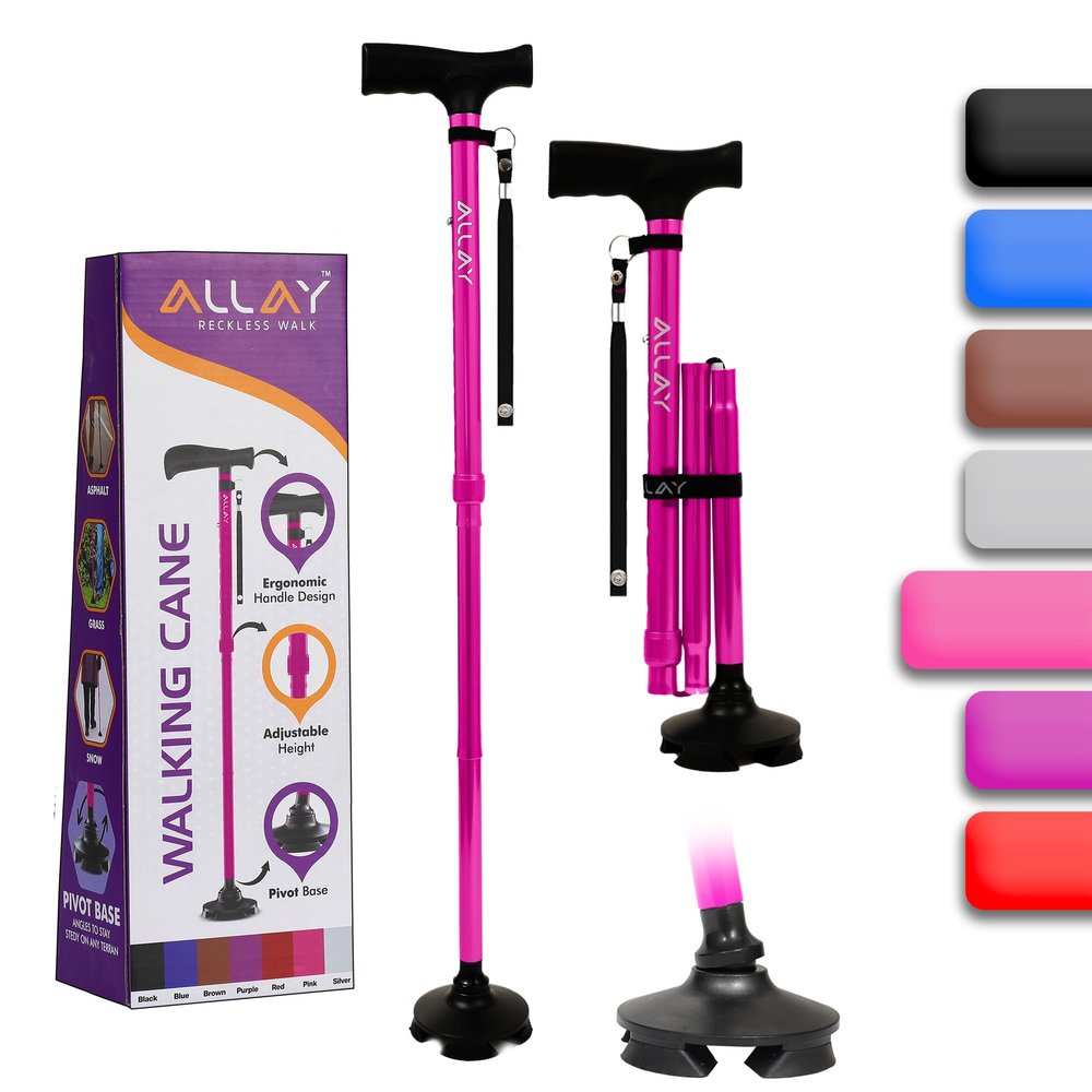 Allay Walking Cane for Men & Women - Foldable, Adjustable, Collapsible Walking Canes for Seniors Balance, Free Standing, Pivot Tip, Heavy Duty, with Travel Bag | Walking Sticks for Seniors - Pink