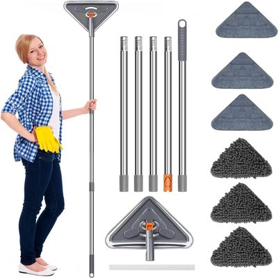 85" Wall Mop, Adjustable Pole Wall Cleaning Mop with Long Handle with Extension Rod 39" to 85", Base Wall Cleaning Mop 360 Rotatable Triangle Microfiber Mop, 6 Removable Washable Mop Pads