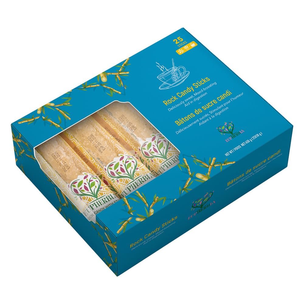 EUPHERBIA Rock Candy Sticks, 25 Pack, Crystalline Handcrafted Sweetness, Premium Sugar Rock Candy (Nabat), Ideal for Tea, Coffee, Milk, and All Your Favorite Hot Beverages, 16 Oz, 450 Gram (25x18g)
