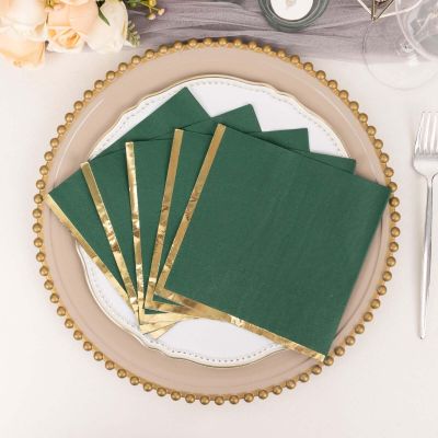 Efavormart 50 Pack | 2 Ply Soft Hunter Emerald Green With Gold Foil Edge Party Paper Napkins, Dinner Cocktail Beverage Napkins