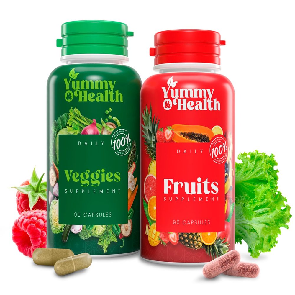 Yummy & Health Fruits & Veggies Capsules 33+ Whole Superfoods from Fruits & Vegetables | 90 Fruit + 90 Veggie Capsules | Vegan, Non-GMO, Gluten-Free | Plant-Based Nutrients & Fiber