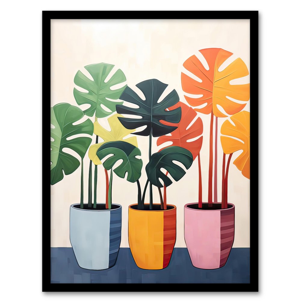 Artery8 Trio of Colourful Monstera Cheese Plant Pots Botanical Oil Painting Artwork Framed Wall Art Print A4