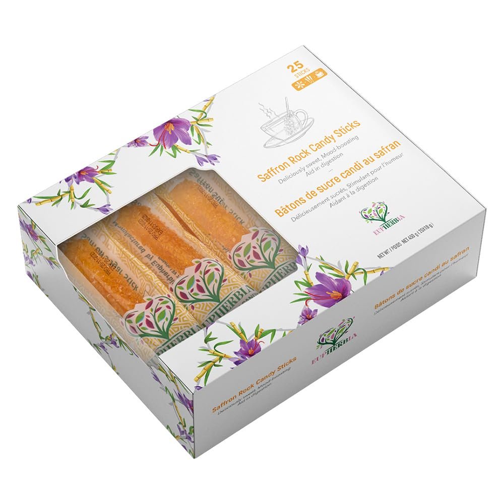 EUPHERBIA Saffron Rock Candy Sticks, 25 Pack, Pure Crystalline Elegance, Handcrafted Sweetness, Sugar Rock Candy (Nabat) Infused with Pure Grade A+ Saffron Threads, Ideal for Tea, Coffee, Milk, and All Your Favorite Hot Beverages, 16Oz, 450 Gram (25x