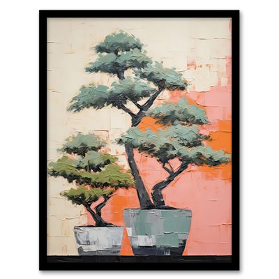 Artery8 Two Japanese Bonsai Tree Plant Pots Thick Palette Knife Oil Painting Art Print Framed Poster Wall Decor 12x16 inch