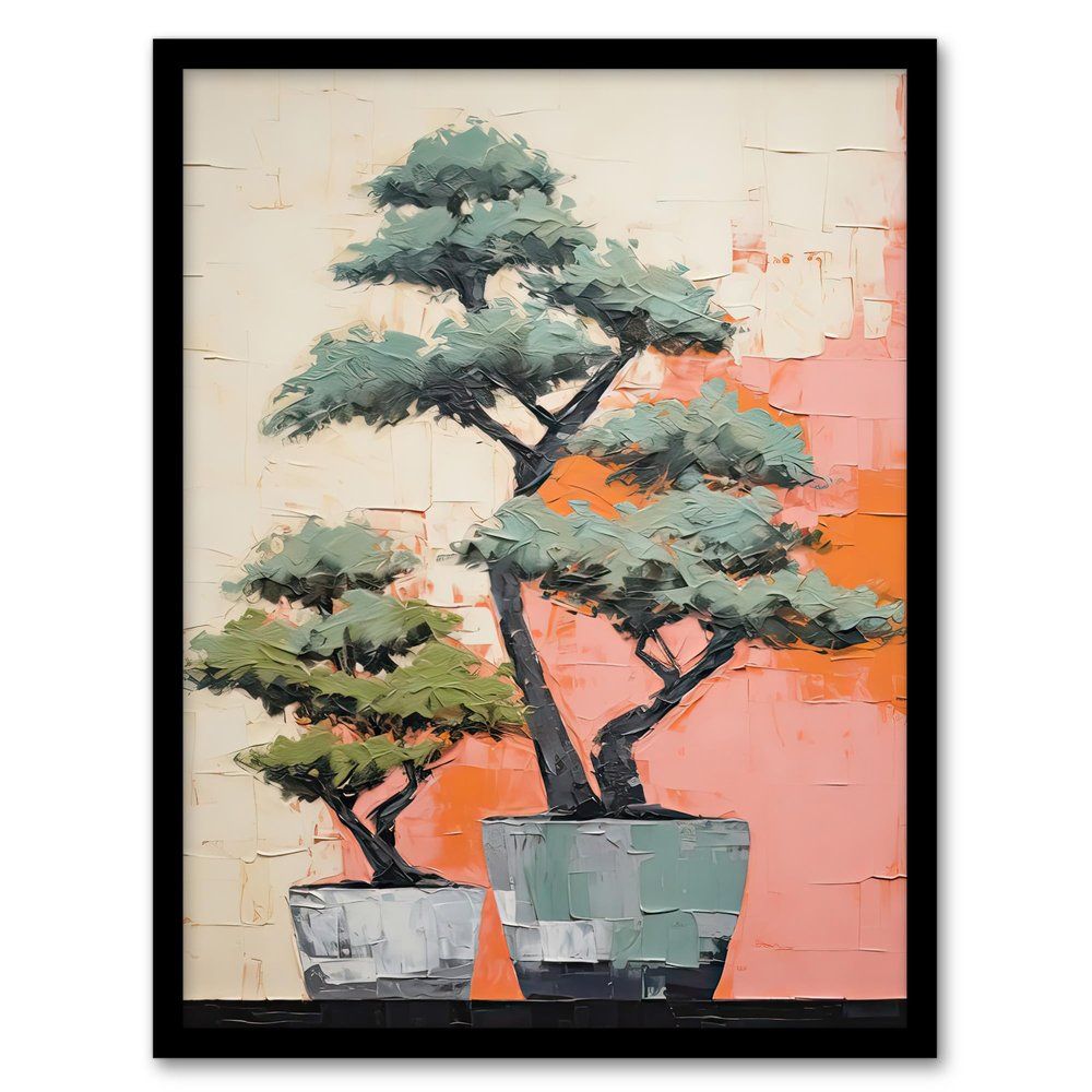 Artery8 Two Japanese Bonsai Tree Plant Pots Thick Palette Knife Oil Painting Art Print Framed Poster Wall Decor 12x16 inch