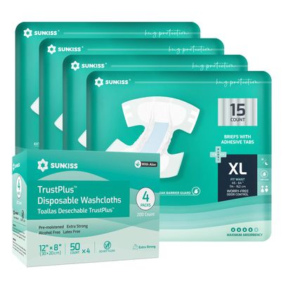 SUNKISS TrustPlus Adult Diapers XLarge 60 Count & Wet Wipes 8" x 12" 200 Count Bundle - Leak Protection, Odor Control, Super Absorbency, Body Cleaning