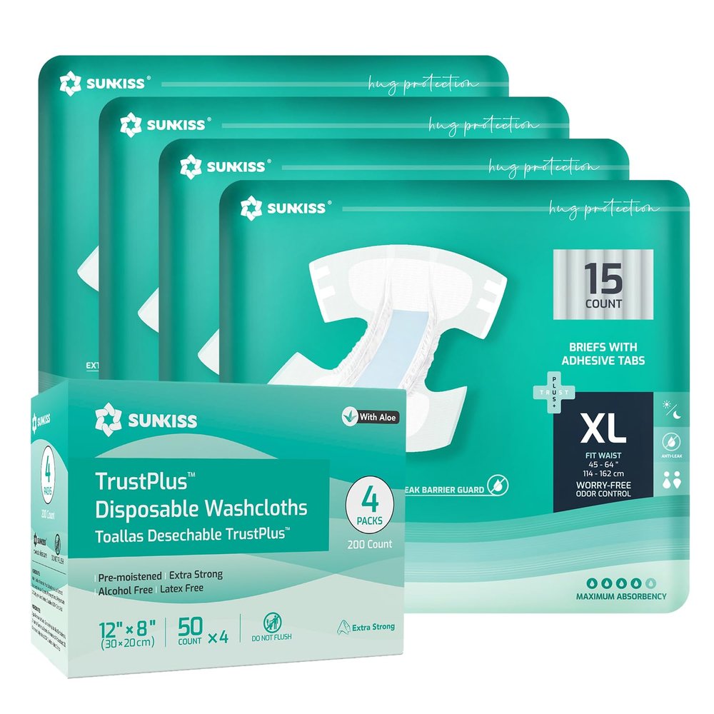 SUNKISS TrustPlus Adult Diapers XLarge 60 Count & Wet Wipes 8" x 12" 200 Count Bundle - Leak Protection, Odor Control, Super Absorbency, Body Cleaning