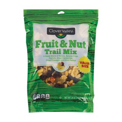 Clover Valley Fruit & Nut Trail Mix in Re-sealable Bag 24 oz. Value Size Bag - Includes Raisins, Bananas, Dried Pineapples, Papaya, Cranberries, and Peanuts- Healthy Snack