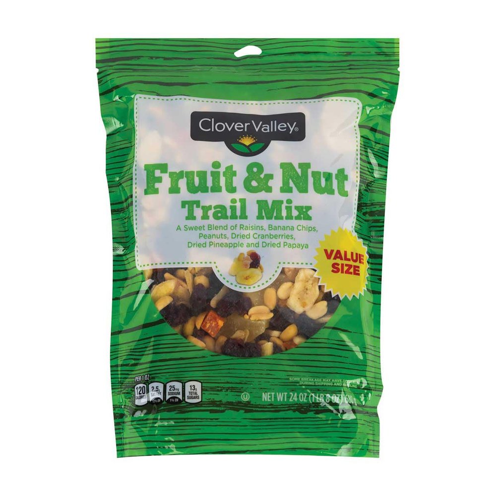 Clover Valley Fruit & Nut Trail Mix in Re-sealable Bag 24 oz. Value Size Bag - Includes Raisins, Bananas, Dried Pineapples, Papaya, Cranberries, and Peanuts- Healthy Snack