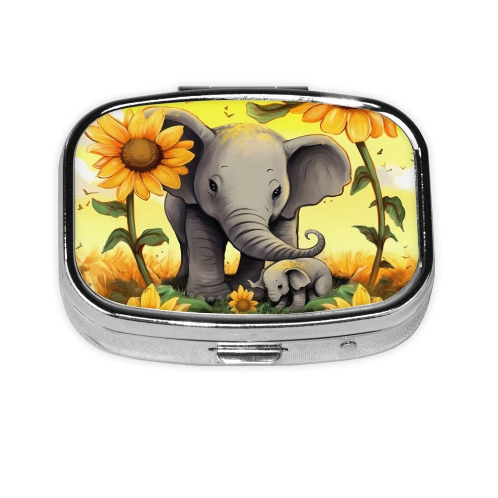 Mother Elephant Sunflowers Print Pill Box Square Pill Case 2 Compartment Small Metal Medicine Organizer Portable Travel Pillbox for Pocket Purse Cute Mini Pill Container to Hold Daily Vitamins