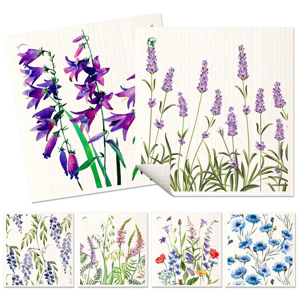 Miss Adola 6 Pack Swedish Dishcloths for Kitchen - Reusable Dish Cloths for Washing Dishes Absorbent Cute Funny Kitchen Towels Cleaning Sponge, Lavender Flower