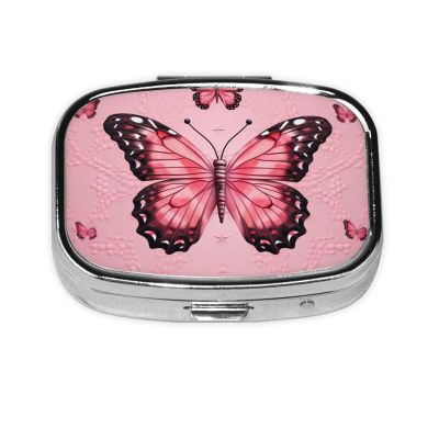 Butterfly Pink Print Pill Box Square Pill Case 2 Compartment Small Metal Medicine Organizer Portable Travel Pillbox for Pocket Purse Cute Mini Pill Container to Hold Daily Vitamins