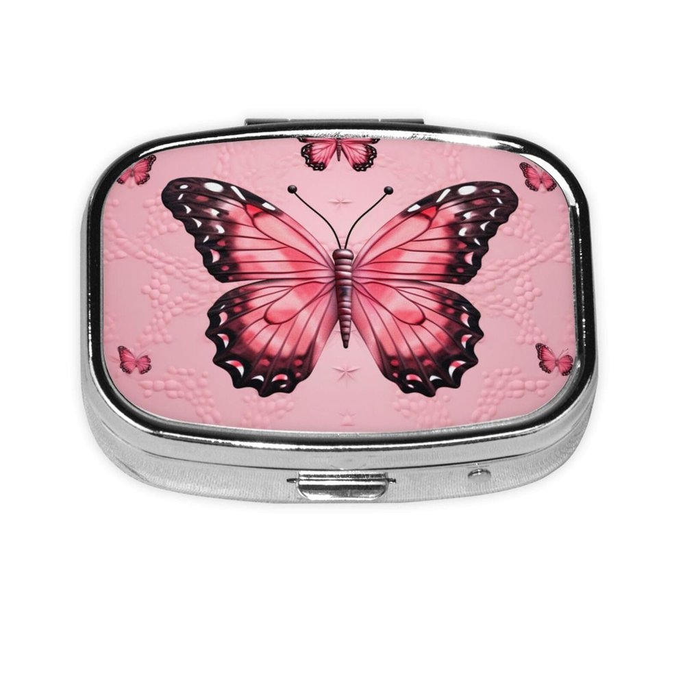 Butterfly Pink Print Pill Box Square Pill Case 2 Compartment Small Metal Medicine Organizer Portable Travel Pillbox for Pocket Purse Cute Mini Pill Container to Hold Daily Vitamins