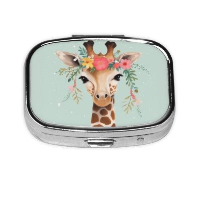 Giraffe with Floral Print Pill Box Square Pill Case 2 Compartment Small Metal Medicine Organizer Portable Travel Pillbox for Pocket Purse Cute Mini Pill Container to Hold Daily Vitamins
