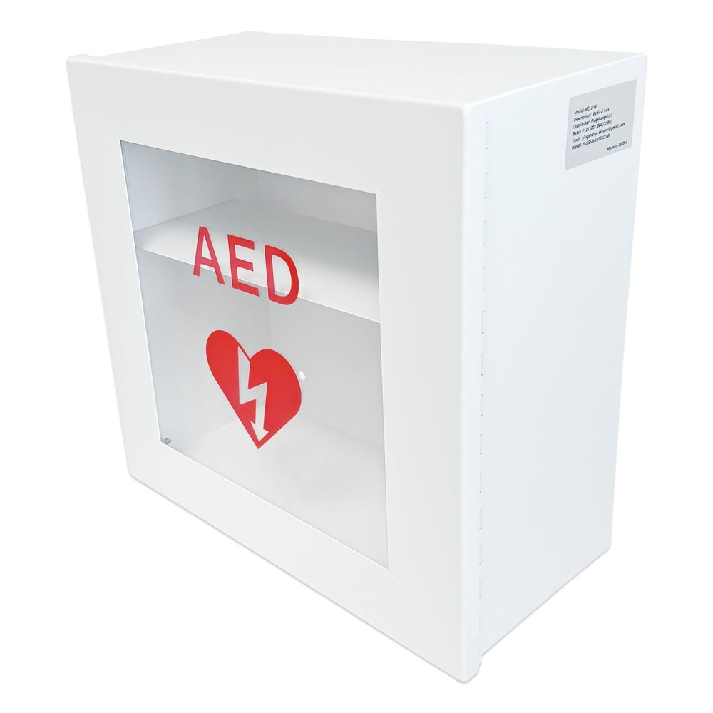 Plugsharge Non Alarmed AED Defibrillator Wall Mounted Storage Cabinet - 14.5'' x 7'' x 13.75'' Steel AED Holder Defibrillator Cabinet for Emergency at Church, Fitness Center, Home, Office, Warehouse