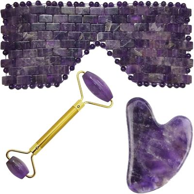BAKYAR Amethyst Rough Stone Natural Amethyst Jade Eye Mask Facial Roller Gua Sha Stone Board Gouache Scraper Sleep Eye Curtain Massage Relaxation Beauty Set (Color : Type 01)
