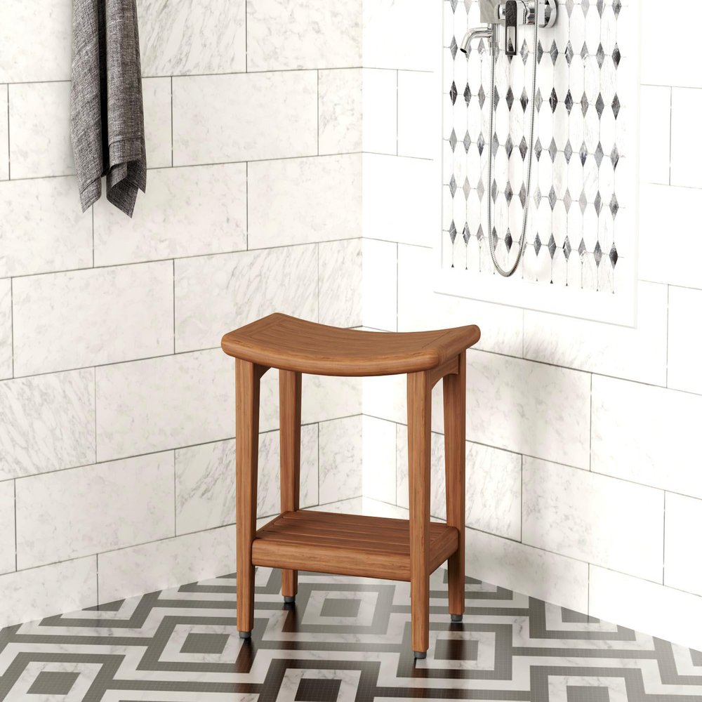 18" Sumba-Bjn Slatted Teak Shower Bench with Shelf