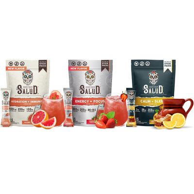 Salud Variety 3-Pack | 2-in-1 Hydration + Immunity (Paloma), Energy + Focus (Strawberry Margarita) & Calm + Sleep (Lemon Honey)  15 Servings Each, Non-GMO, Gluten Free, Low Calorie, 1g of Sugar