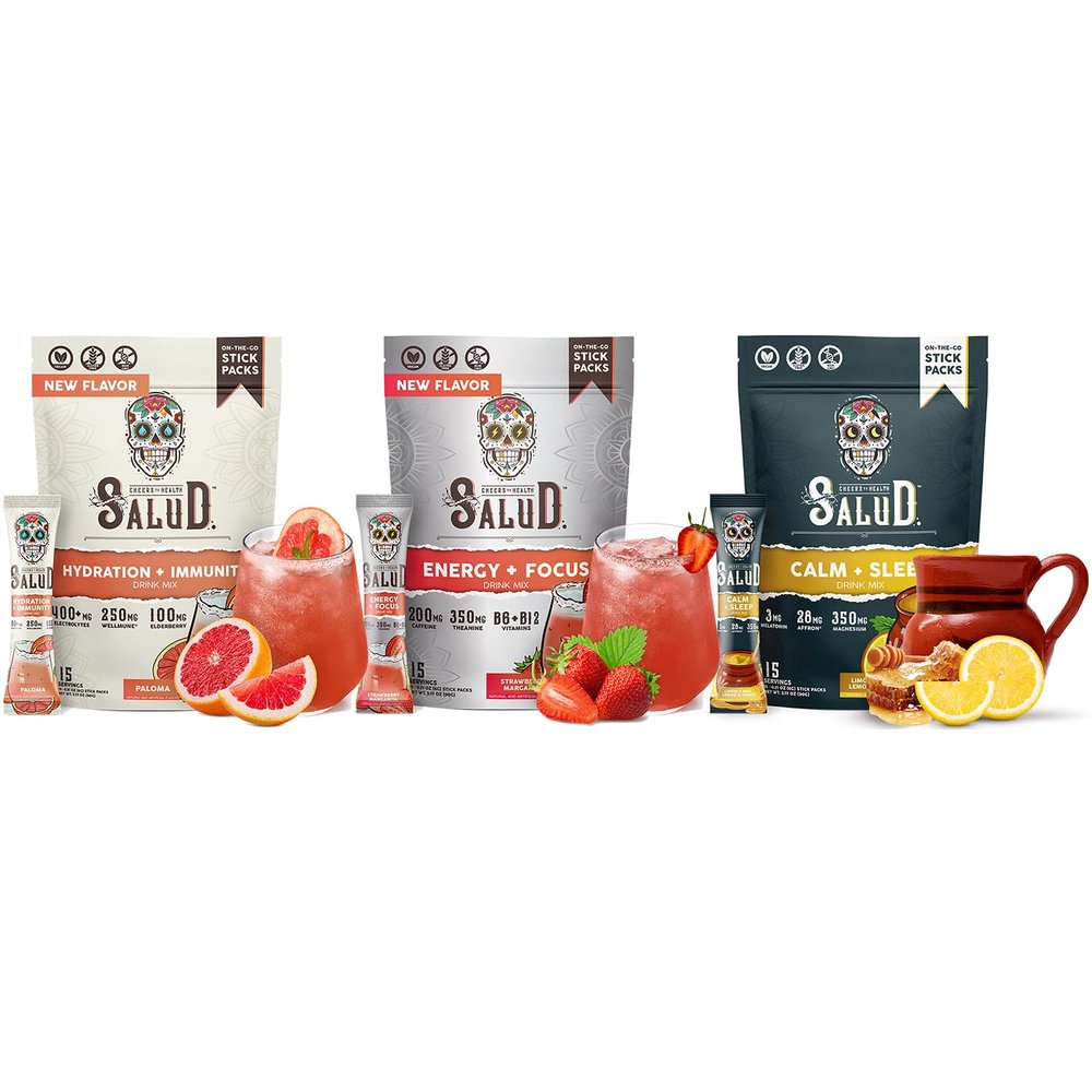 Salud Variety 3-Pack | 2-in-1 Hydration + Immunity (Paloma), Energy + Focus (Strawberry Margarita) & Calm + Sleep (Lemon Honey) 15 Servings Each, Non-GMO, Gluten Free, Low Calorie, 1g of Sugar