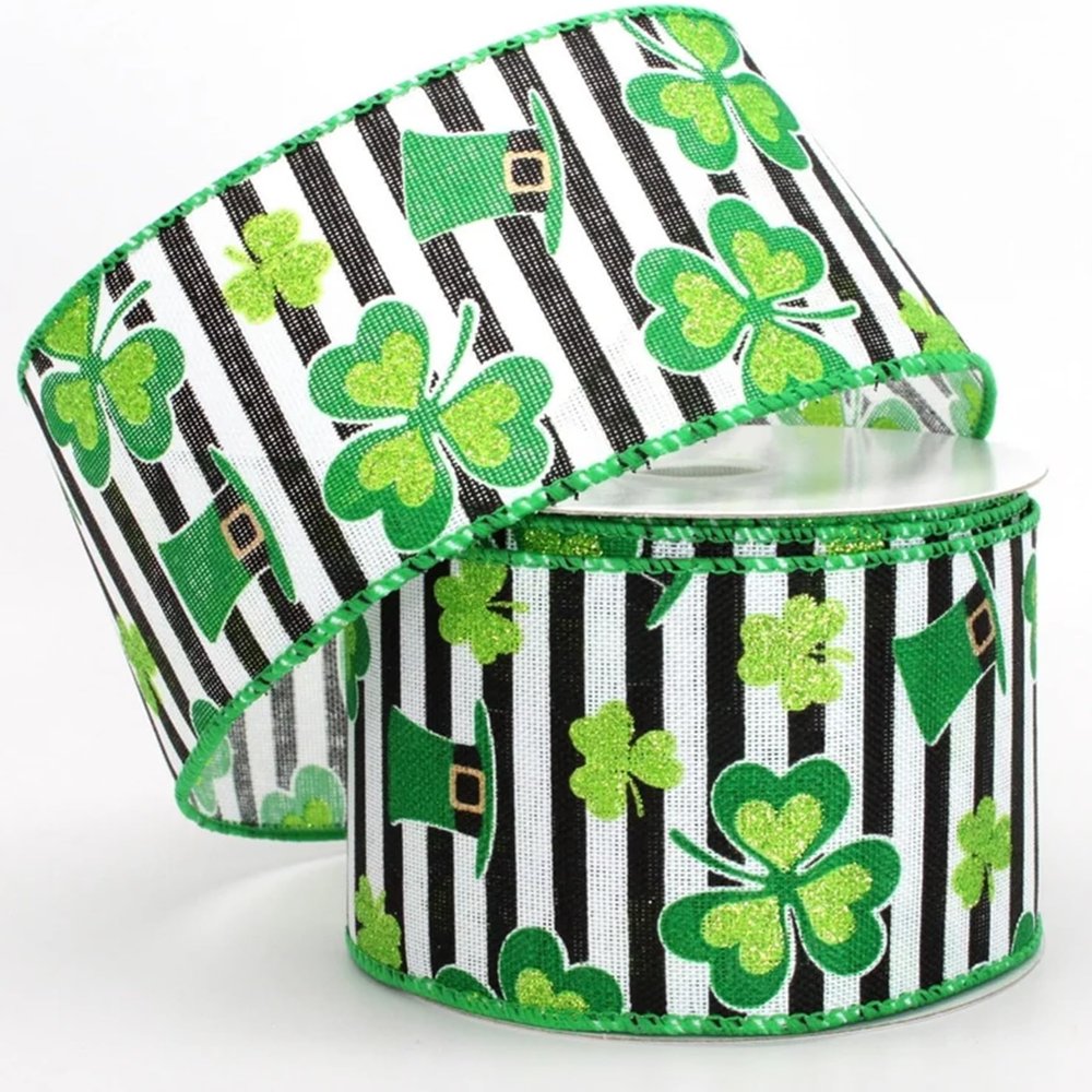 10 Yards Black White Stripe St. Patrick's Day Wired Ribbon, 2.5 Wide, St. Patrick's Day Ribbon, Ribbon for Wreaths, Craft Ribbon