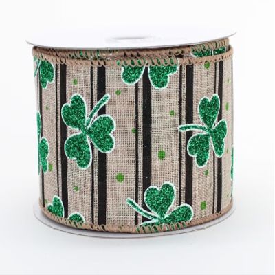 10 Yards Natrual Black Stripe St. Patrick's Day Wired Ribbon, 2.5 Wide, Sparkle St. Patrick's Day Ribbon, Ribbon for Wreaths, Craft Ribbon