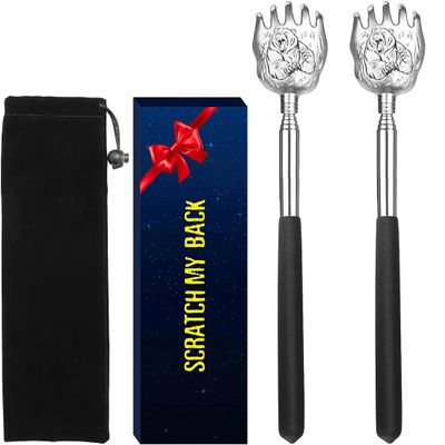 2 Pack Bear Claw Portable Extendable Back Scratcher, Metal Stainless Steel Telescoping Back Scratcher Tool with Carrying Bag (Black)