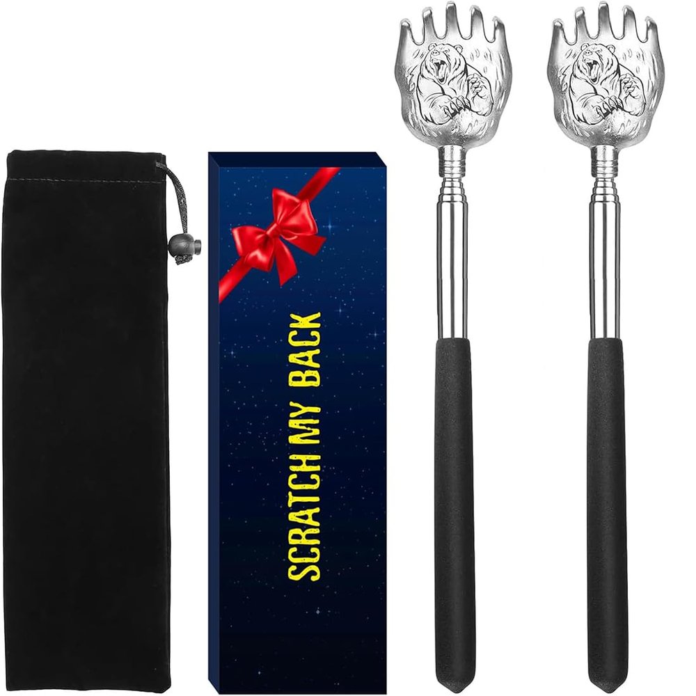 2 Pack Bear Claw Portable Extendable Back Scratcher, Metal Stainless Steel Telescoping Back Scratcher Tool with Carrying Bag (Black)