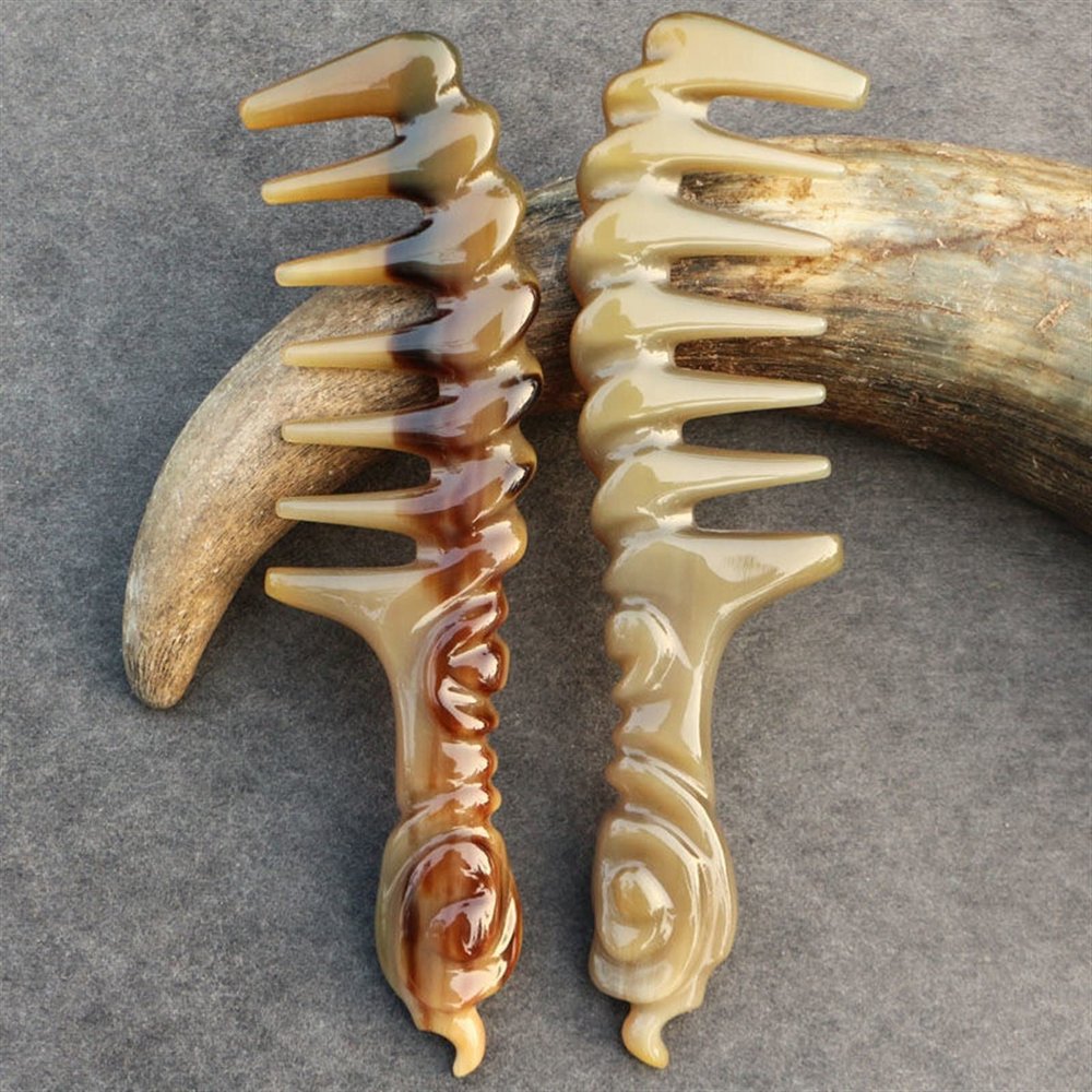 MObyat 20cm White Buffalo Horn Massage Comb Carved Wide Teeth Head Meridian Scraping Scalp Gua Sha Massage Anti-Static Hair Smooth Comb 1Pcs