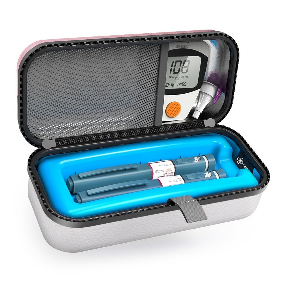 SHBC Insulin Pen Carrying Case Portable Medical Cooler Bag for Diabetes with Protective Ice Brick - Convenient to Changing Needles with Each Injection White Pink