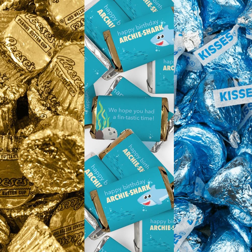 200pcs Personalized Shark Birthday Party Favors Chocolate Candy Kit, Candy Buffet Supplies - Blue Shark