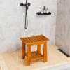 14" Compact Teak Shower Stool with Shelf & Handle - Waterproof, Non-Slip Bath Bench for Small Bathrooms/Tub/Outdoor Use, 300 lbs Capacity (Patented) view 2