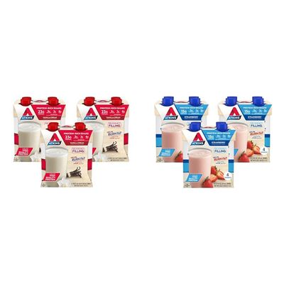 Atkins Vanilla Cream Meal Size Protein Shake, 23g Protein & Strawberry Protein Shake, 15g Protein, Low Glycemic, 2g Net Carb, 1g Sugar, Keto Friendly, 12 Count