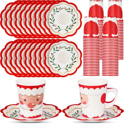 Honeydak 100 Pcs Christmas Disposable Paper Cups and Saucers Include 50 Pcs 9 oz Xmas Paper Cups with Handle Disposable Christmas Hot Chocolate Mugs Xmas Plates Teacups Set(Santa)