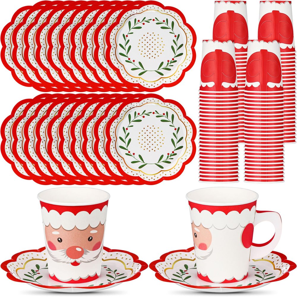 Honeydak 100 Pcs Christmas Disposable Paper Cups and Saucers Include 50 Pcs 9 oz Xmas Paper Cups with Handle Disposable Christmas Hot Chocolate Mugs Xmas Plates Teacups Set(Santa)